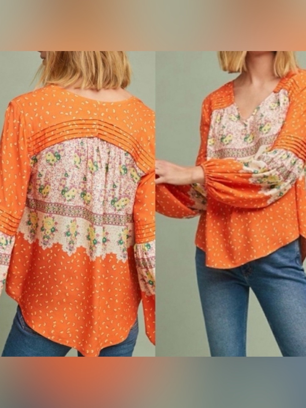 Maeve by Anthropologie | Orange Floral Patchwork Peasant Top | Size = XS - Picture 2 of 8